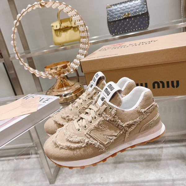 MIU MIU x New Balance 574 Sneakers Colonial Beige Canvas Denim 498914