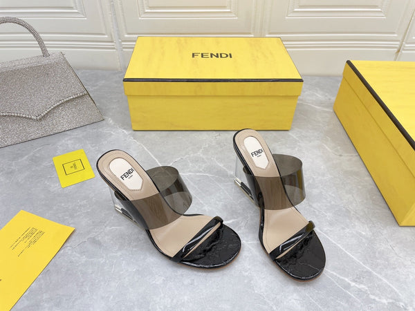 FENDI FIRST 95 MM HIGH-HEELED SANDAL IN BLACK TPU FILM AND LAMBSKIN