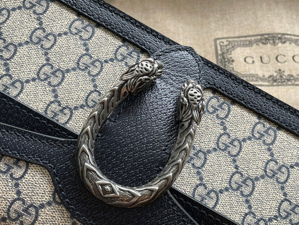 BORSA A TRACOLLA DYONYSUS 25 IN TESSUTO JACQUARD BEIGE E BORDI IN PELLE DI VITELLO NERA, FERRAMENTA ARGENTO