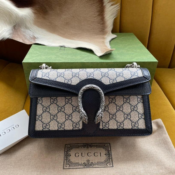 BORSA A TRACOLLA DYONYSUS 25 IN TESSUTO JACQUARD BEIGE E BORDI IN PELLE DI VITELLO NERA, FERRAMENTA ARGENTO