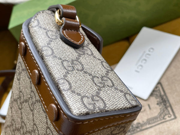 BORSA GG HORSEBIT 1955 MINI 18 IN TELA BEIGE E PELLE DI VITELLO MARRONE