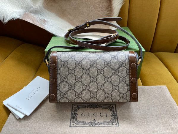 BORSA GG HORSEBIT 1955 MINI 18 IN TELA BEIGE E PELLE DI VITELLO MARRONE