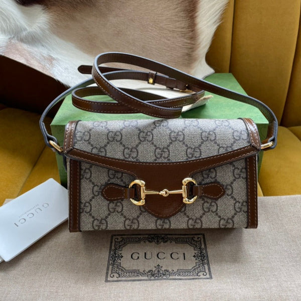 BORSA GG HORSEBIT 1955 MINI 18 IN TELA BEIGE E PELLE DI VITELLO MARRONE