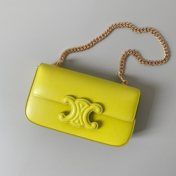 BORSA A SCHIENA CON 20 CATENE IN RILIEVO IN PELLE DI VITELLO GIALLO CHARTREUSE