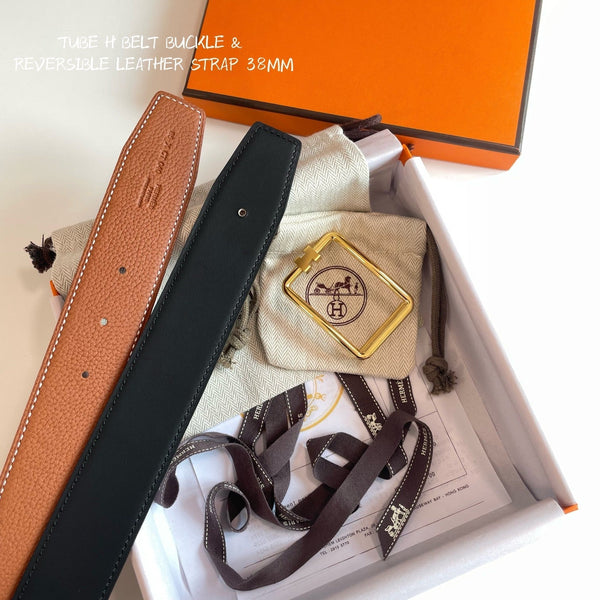 FIBBIA PER CINTURA TUBE H E CINTURINO REVERSIBILE IN PELLE NERA E MARRONE CANNELLA 38 MM FERRAMENTA ORO