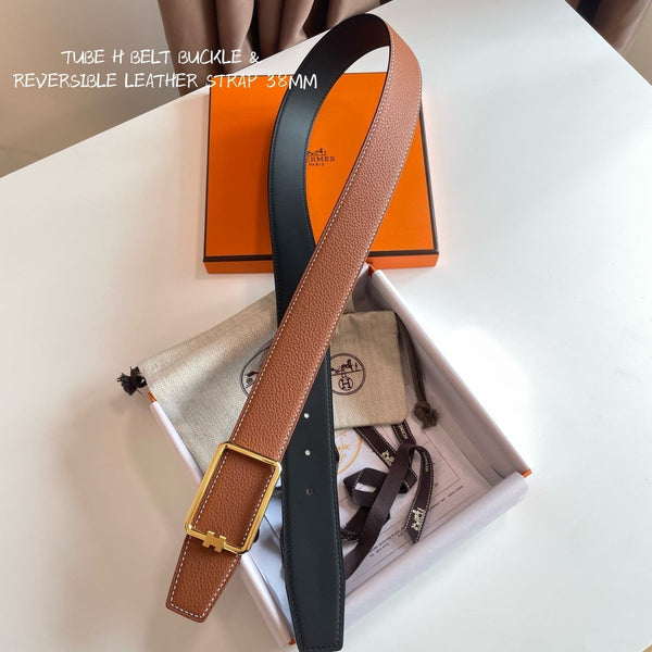 FIBBIA PER CINTURA TUBE H E CINTURINO REVERSIBILE IN PELLE NERA E MARRONE CANNELLA 38 MM FERRAMENTA ORO