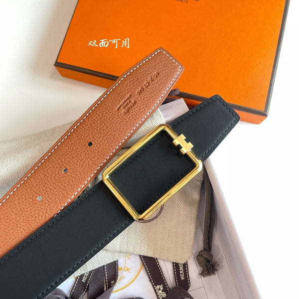 FIBBIA PER CINTURA TUBE H E CINTURINO REVERSIBILE IN PELLE NERA E MARRONE CANNELLA 38 MM FERRAMENTA ORO