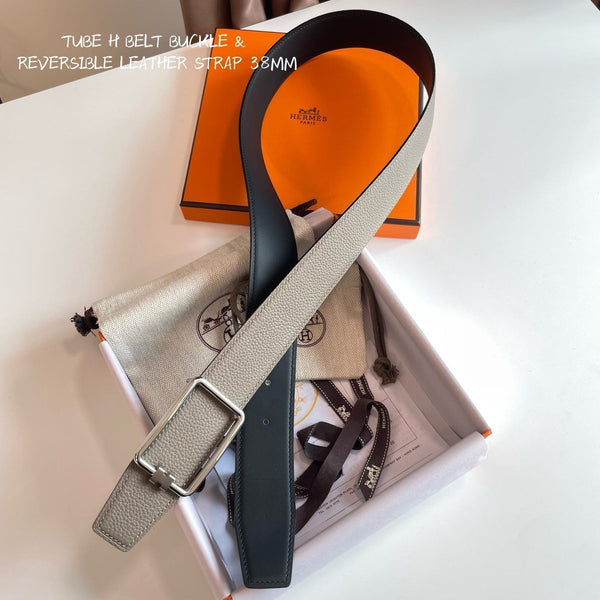 FIBBIA PER CINTURA TUBE H E CINTURINO REVERSIBILE IN PELLE MARRONE KAKI E NERA 38 MM FERRAMENTA ARGENTO