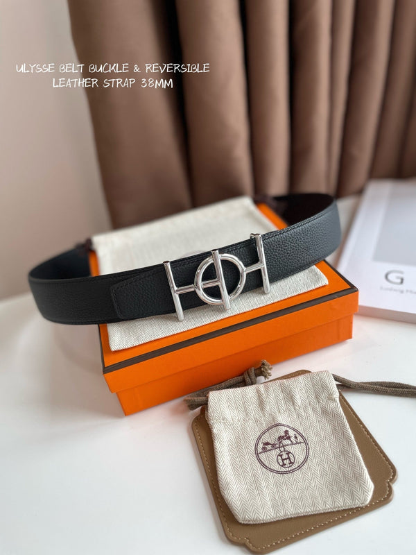 FIBBIA PER CINTURA ULYSSE E CINTURINO REVERSIBILE IN PELLE NERA 38 MM FERRAMENTA IN ARGENTO