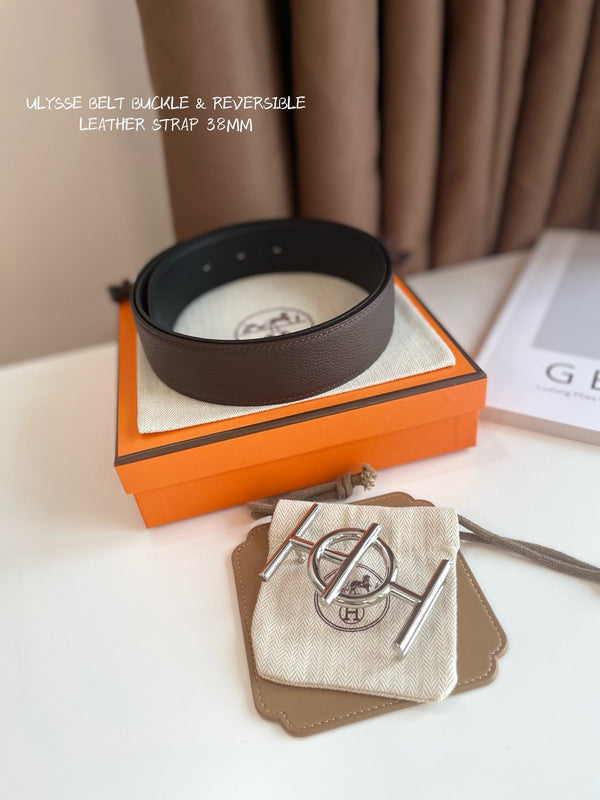 FIBBIA PER CINTURA ULYSSE E CINTURINO REVERSIBILE IN PELLE MARRONE CIOCCOLATO 38 MM FERRAMENTA ARGENTO