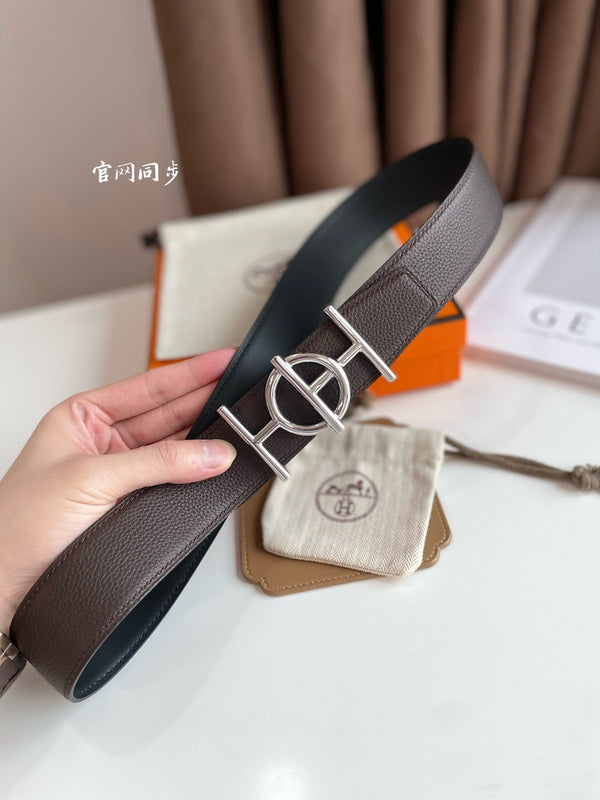 FIBBIA PER CINTURA ULYSSE E CINTURINO REVERSIBILE IN PELLE MARRONE CIOCCOLATO 38 MM FERRAMENTA ARGENTO