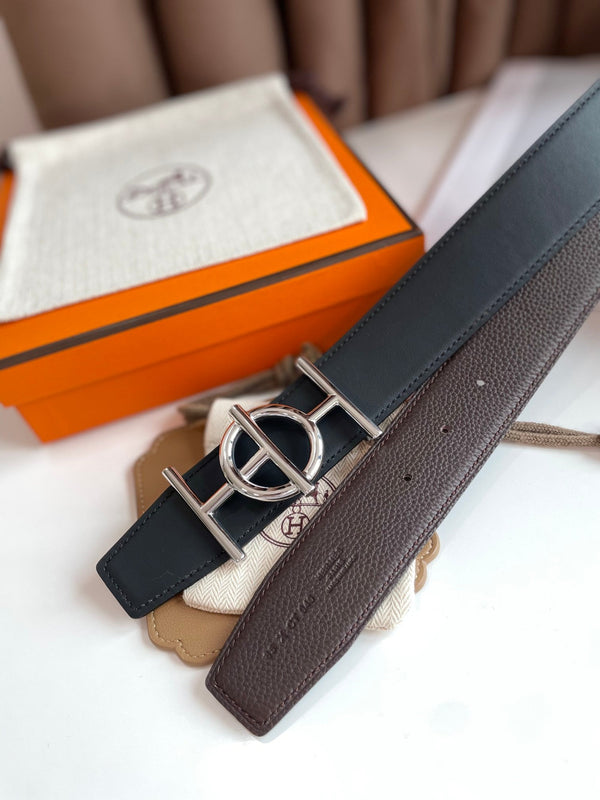 FIBBIA PER CINTURA ULYSSE E CINTURINO REVERSIBILE IN PELLE MARRONE CIOCCOLATO 38 MM FERRAMENTA ARGENTO