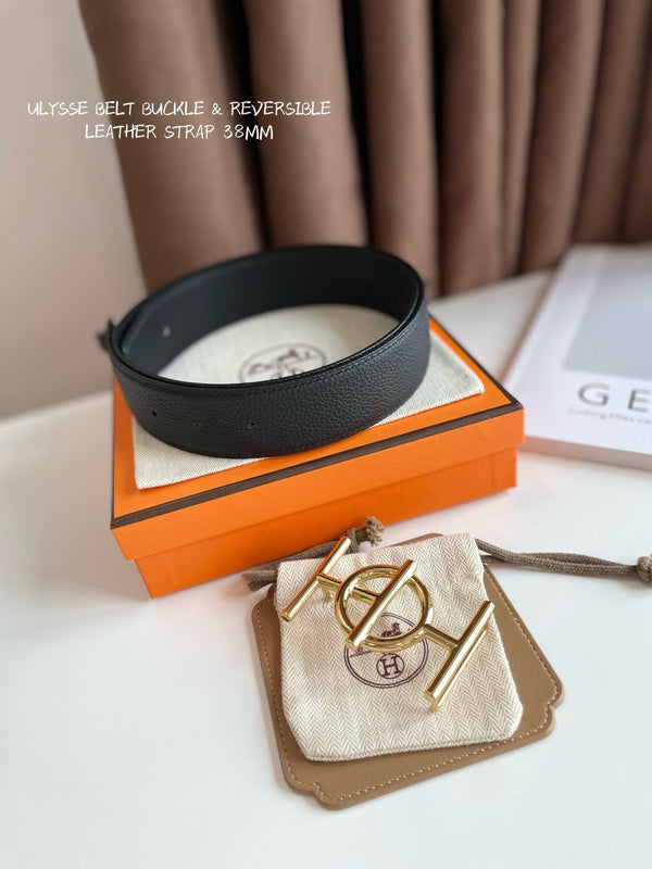 FIBBIA PER CINTURA ULYSSE E CINTURINO REVERSIBILE IN PELLE NERA 38 MM FERRAMENTA ORO
