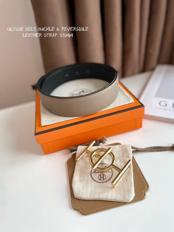 FIBBIA PER CINTURA ULYSSE E CINTURINO REVERSIBILE IN PELLE MARRONE KAKI 38 MM FERRAMENTA ORO