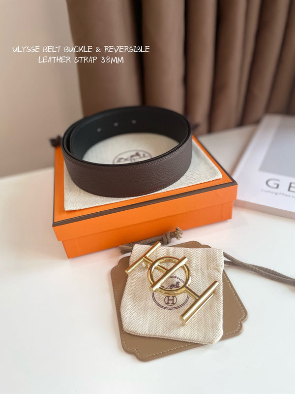 FIBBIA PER CINTURA ULYSSE E CINTURINO REVERSIBILE IN PELLE MARRONE CIOCCOLATO 38 MM FERRAMENTA ORO