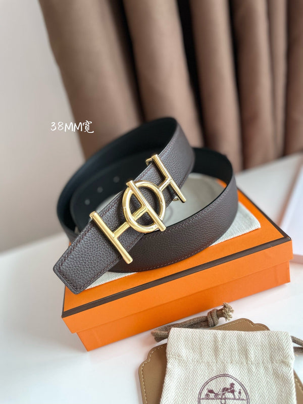 FIBBIA PER CINTURA ULYSSE E CINTURINO REVERSIBILE IN PELLE MARRONE CIOCCOLATO 38 MM FERRAMENTA ORO