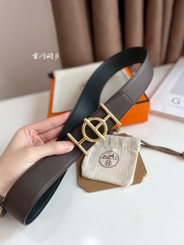 FIBBIA PER CINTURA ULYSSE E CINTURINO REVERSIBILE IN PELLE MARRONE CIOCCOLATO 38 MM FERRAMENTA ORO