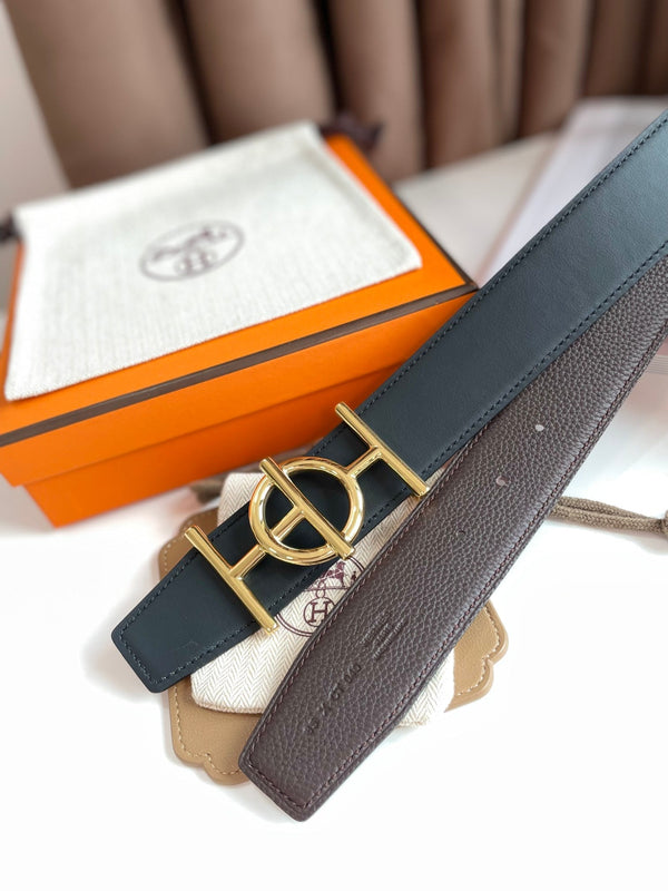 FIBBIA PER CINTURA ULYSSE E CINTURINO REVERSIBILE IN PELLE MARRONE CIOCCOLATO 38 MM FERRAMENTA ORO