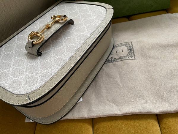 BORSA DA SELLA GG HORSEBIT 1955 25 IN TELA BIANCA E PELLE DI VITELLO BEIGE