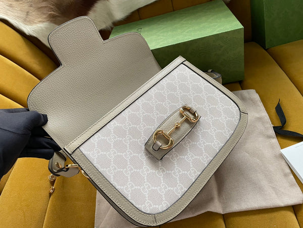BORSA DA SELLA GG HORSEBIT 1955 25 IN TELA BIANCA E PELLE DI VITELLO BEIGE