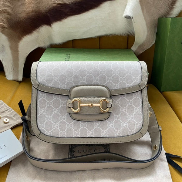BORSA DA SELLA GG HORSEBIT 1955 25 IN TELA BIANCA E PELLE DI VITELLO BEIGE