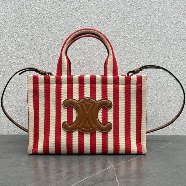 Celine 2026 Cabas Thais Striped Bag 29cm Red White Textile Calfskin 283595
