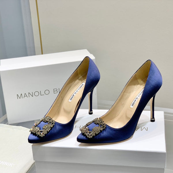 Manolo Diamond Buckle Pumps 10cm Navy Blue Silk 327497