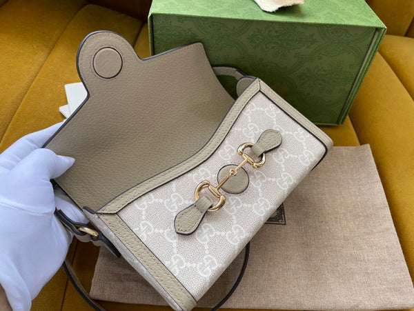 BORSA GG HORSEBIT 1955 MINI 18 IN TELA BIANCA E PELLE DI VITELLO BEIGE