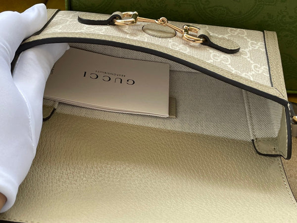 BORSA GG HORSEBIT 1955 MINI 18 IN TELA BIANCA E PELLE DI VITELLO BEIGE