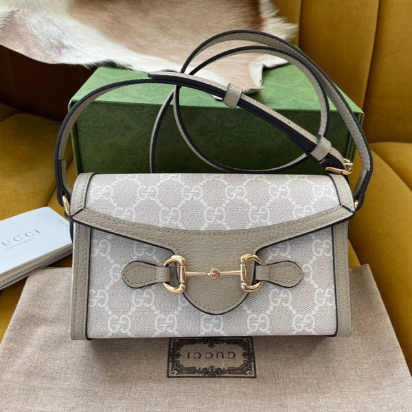 BORSA GG HORSEBIT 1955 MINI 18 IN TELA BIANCA E PELLE DI VITELLO BEIGE