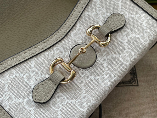 BORSA GG HORSEBIT 1955 MINI 18 IN TELA BIANCA E PELLE DI VITELLO BEIGE