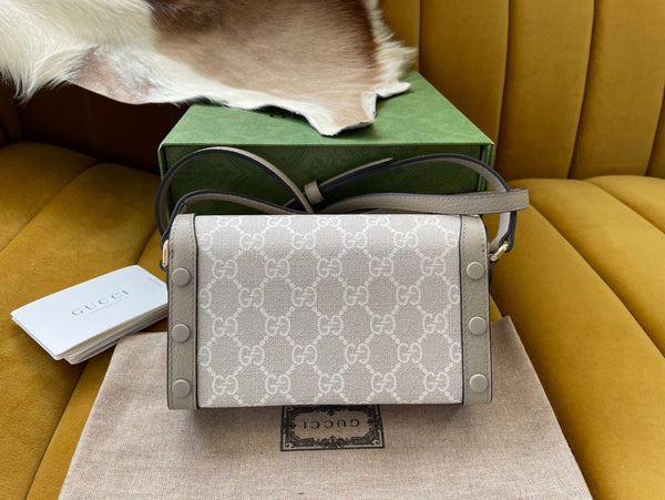 BORSA GG HORSEBIT 1955 MINI 18 IN TELA BIANCA E PELLE DI VITELLO BEIGE