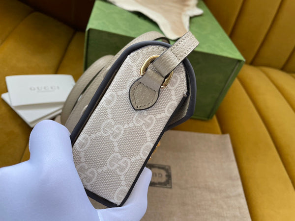 BORSA GG HORSEBIT 1955 MINI 18 IN TELA BIANCA E PELLE DI VITELLO BEIGE