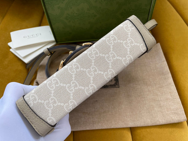 BORSA GG HORSEBIT 1955 MINI 18 IN TELA BIANCA E PELLE DI VITELLO BEIGE