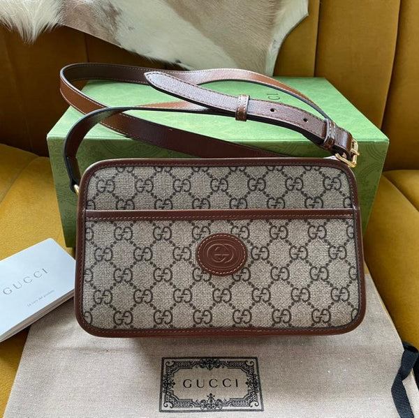 BORSA CON G 22 INTERCETTATA IN TELA EBANO BEIGE E RIFINITURE IN PELLE DI VITELLO MARRONE