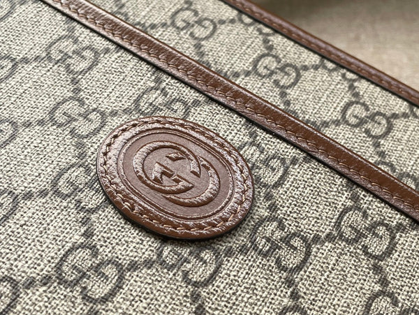 BORSA CON G 22 INTERCETTATA IN TELA EBANO BEIGE E RIFINITURE IN PELLE DI VITELLO MARRONE