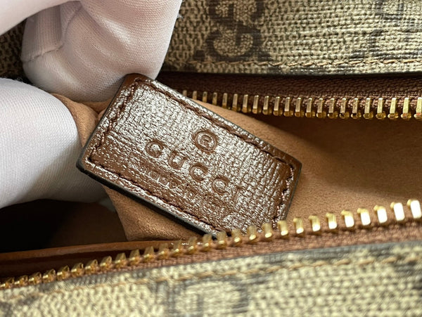 BORSA CON G 22 INTERCETTATA IN TELA EBANO BEIGE E RIFINITURE IN PELLE DI VITELLO MARRONE