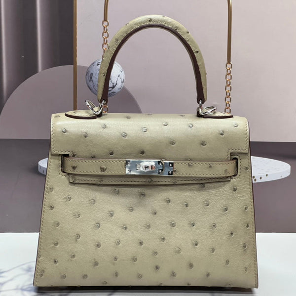 KELLY BAG 20 IN KHAKI TAN OSTRICH LEATHER WITH SILVER HARDWARE (MADE - TO - ODER)