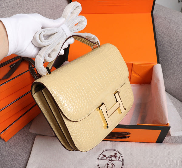 HM CONSTANCE 23 FLAX CROCODILE EMBOSSED CALFSKIN GOLD HARDWARE
