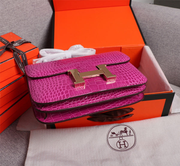 HM CONSTANCE 23 PINK CROCODILE EMBOSSED CALFSKIN GOLD HARDWARE