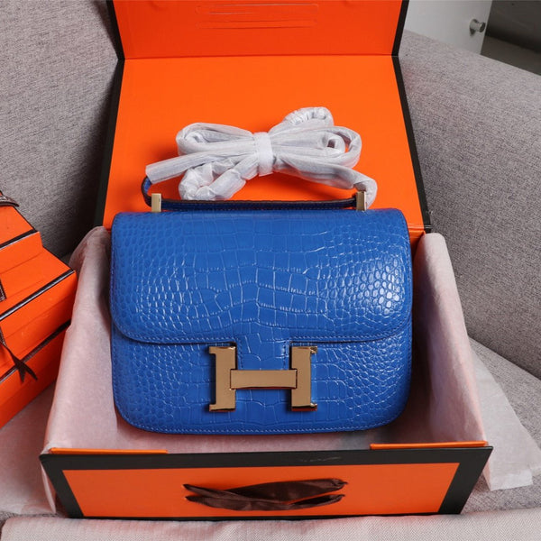 HM CONSTANCE 23 COBALT CROCODILE EMBOSSED CALFSKIN GOLD HARDWARE