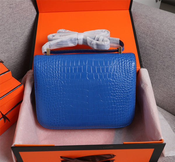 HM CONSTANCE 23 COBALT CROCODILE EMBOSSED CALFSKIN GOLD HARDWARE