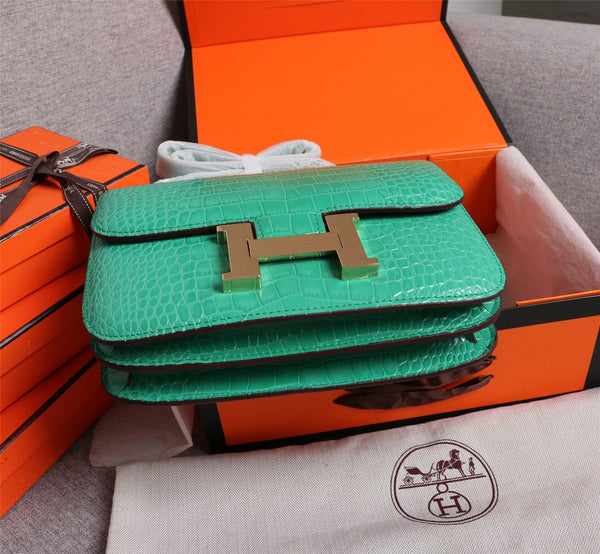 HM CONSTANCE 23 MALACHITE GREEN CROCODILE EMBOSSED CALFSKIN GOLD HARDWARE