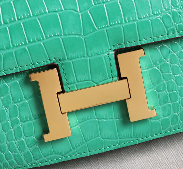 HM CONSTANCE 23 MALACHITE GREEN CROCODILE EMBOSSED CALFSKIN GOLD HARDWARE