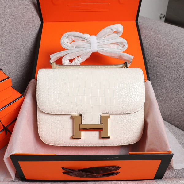HM CONSTANCE 23 WHITE CROCODILE EMBOSSED CALFSKIN GOLD HARDWARE