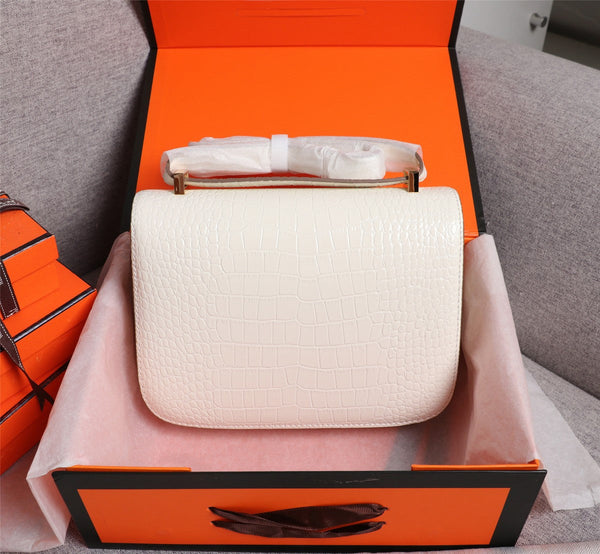 HM CONSTANCE 23 WHITE CROCODILE EMBOSSED CALFSKIN GOLD HARDWARE