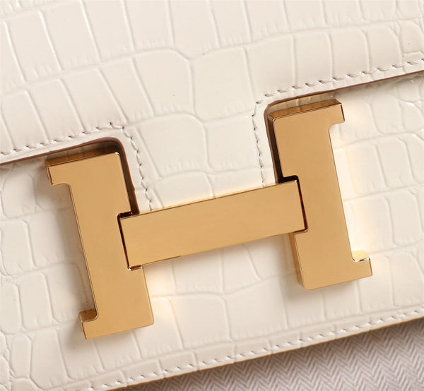 HM CONSTANCE 23 WHITE CROCODILE EMBOSSED CALFSKIN GOLD HARDWARE