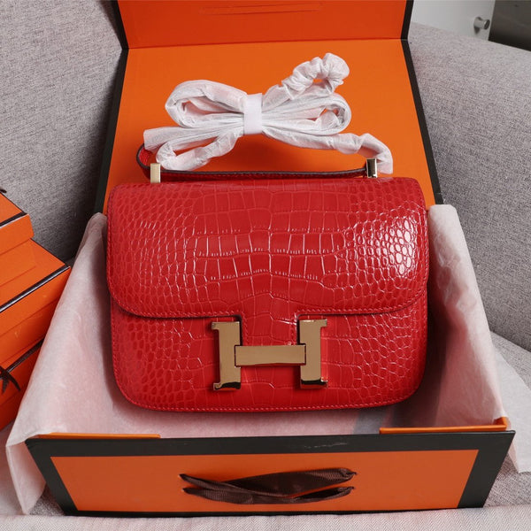 HM CONSTANCE 23 RED CROCODILE EMBOSSED CALFSKIN GOLD HARDWARE