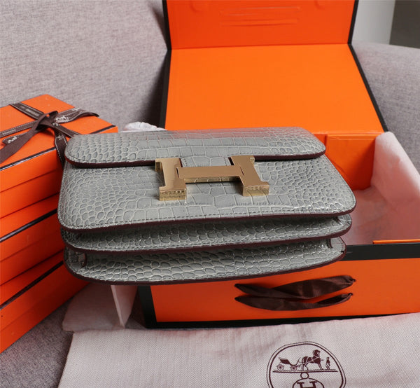 HM CONSTANCE 23 LIGHT GREY CROCODILE EMBOSSED CALFSKIN GOLD HARDWARE