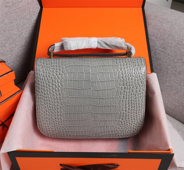 HM CONSTANCE 23 LIGHT GREY CROCODILE EMBOSSED CALFSKIN GOLD HARDWARE